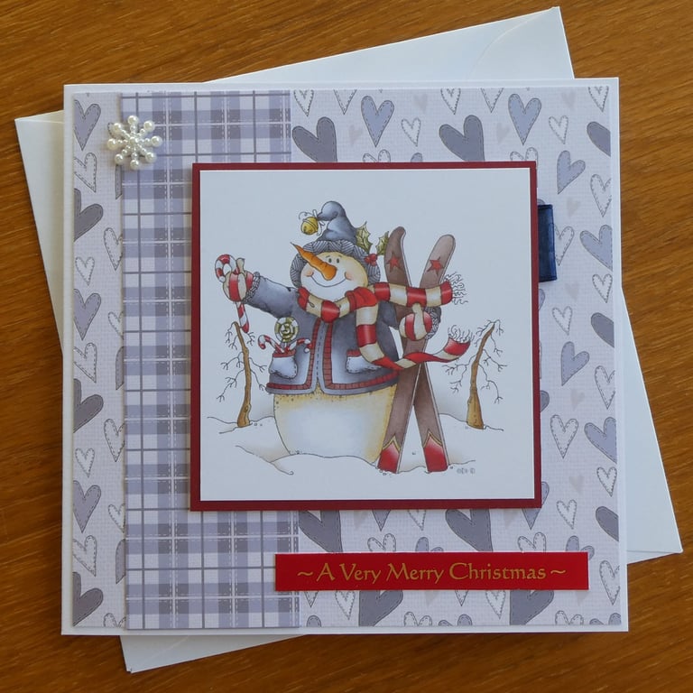 Snowman With Skis Christmas Card - A Very Merry Christmas