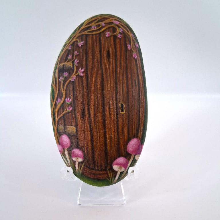 Wooden Fairy Door with Pink Mushrooms Rock Painting