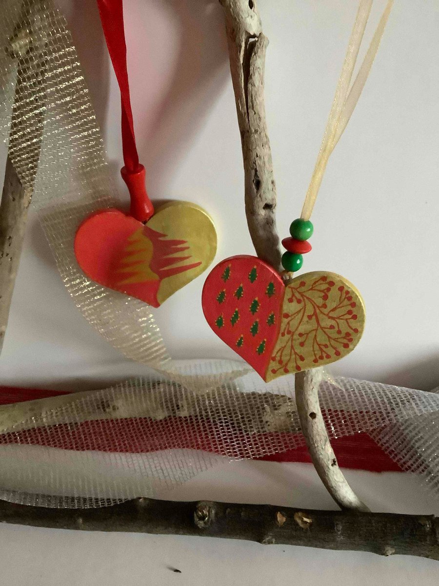 2 Christmas hand painted wooden hearts