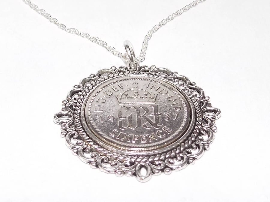 Fancy Pendant 1937 Lucky sixpence 84th Birthday plus a Sterling Silver 24in Chai