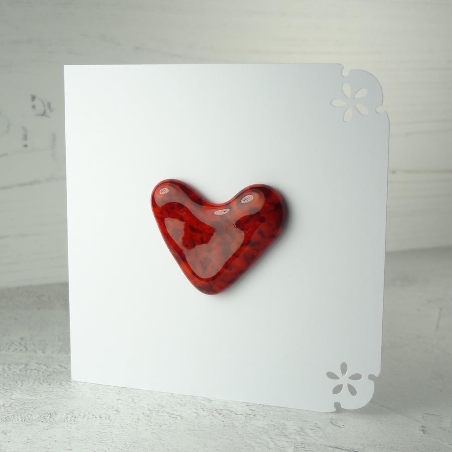 Handcrafted red heart fused glass blank card, love romance anniversary,