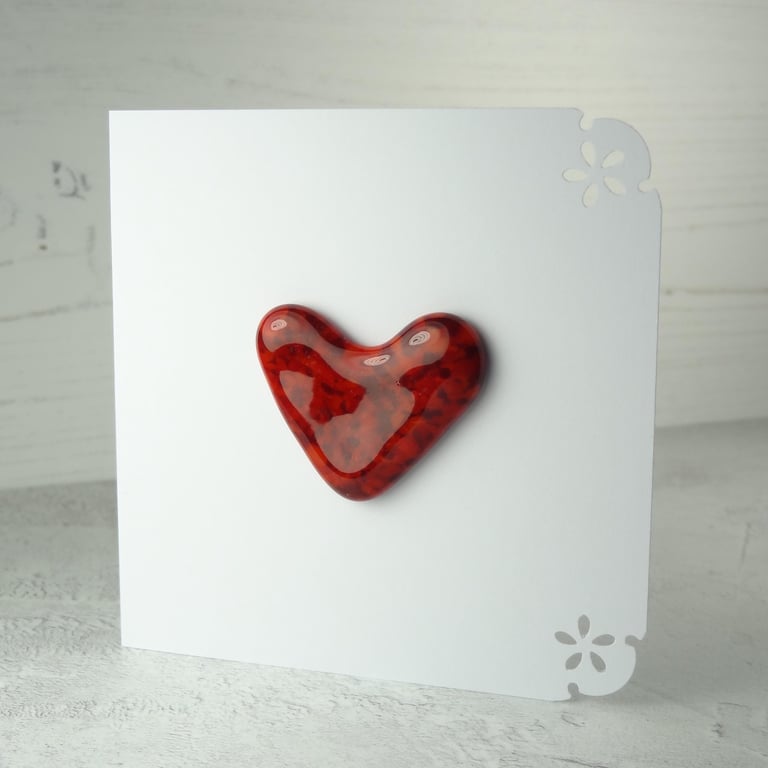 Handcrafted red heart fused glass blank card, love romance anniversary,
