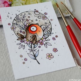 full moon robin - original aceo