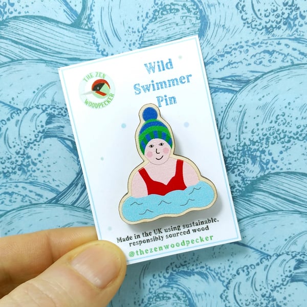 Wild Swimmer Badge, Outdoor Swimming Pin, Swim Brooch, Cold Water Swimmer