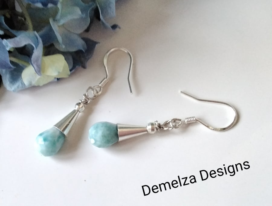 Designer Larimar Coned  Earrings  Sterling Silver ONE OFF PAIR
