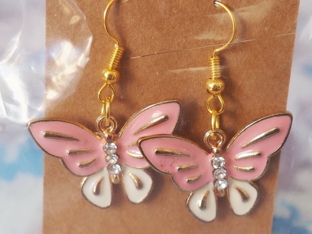 Gold Earrings with Large Pink and White Butterfly Charms