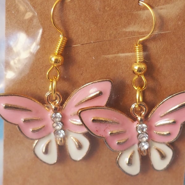 Gold Earrings with Large Pink and White Butterfly Charms