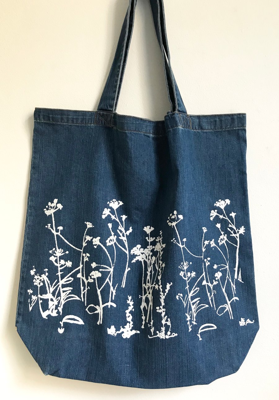 Meadow Flowers large shopper bag organic denim cotton hand printed tote 