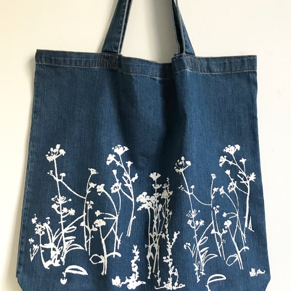 Meadow Flowers large shopper bag organic denim cotton hand printed tote 