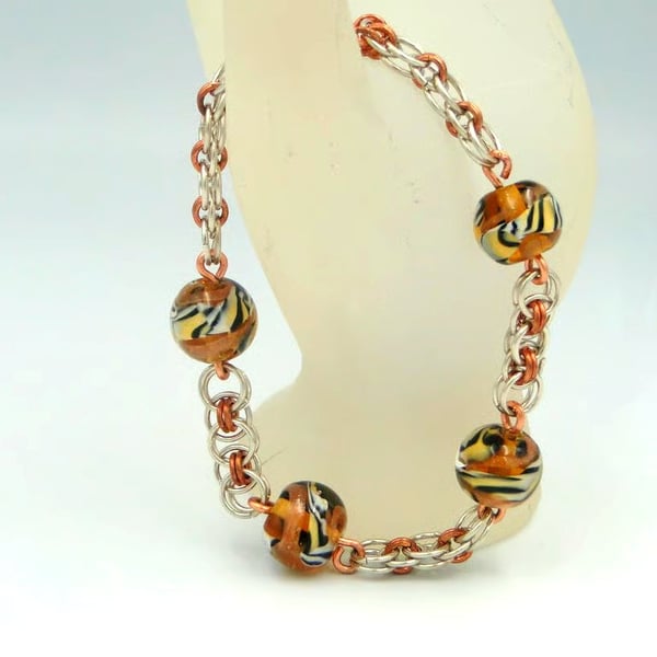     Tiger striped  bead bracelet  Copper and silver chainmaille  Gift for her