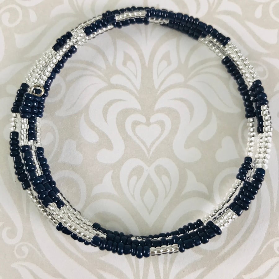 Navy Blue & Clear Silver Lined Seed Beaded Memory Wire Bracelet