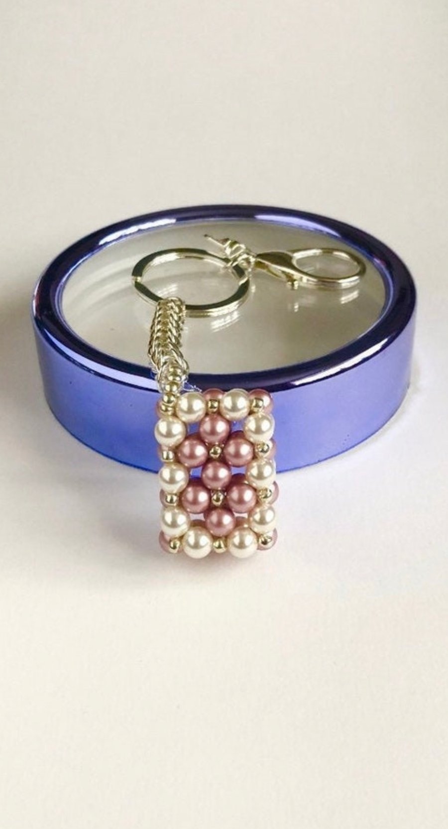 Cream & Pink Rectangle Crystal Pearl Handbag Charm, Chainmaille Chain & Keyring