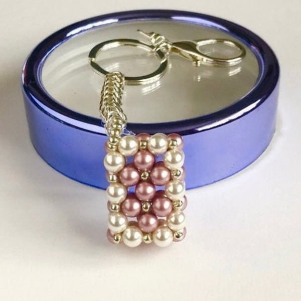 Cream & Pink Rectangle Crystal Pearl Handbag Charm, Chainmaille Chain & Keyring