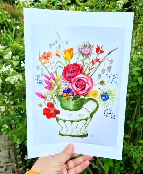 Green flower jug,  print from original artwork. A3, A4 available. 