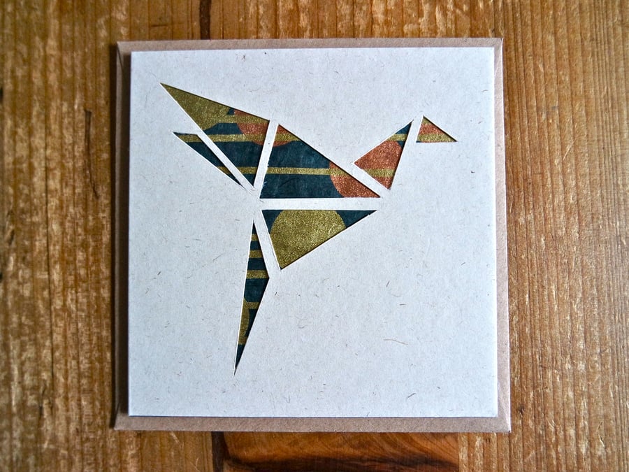 Card with origami style bird gold copper black