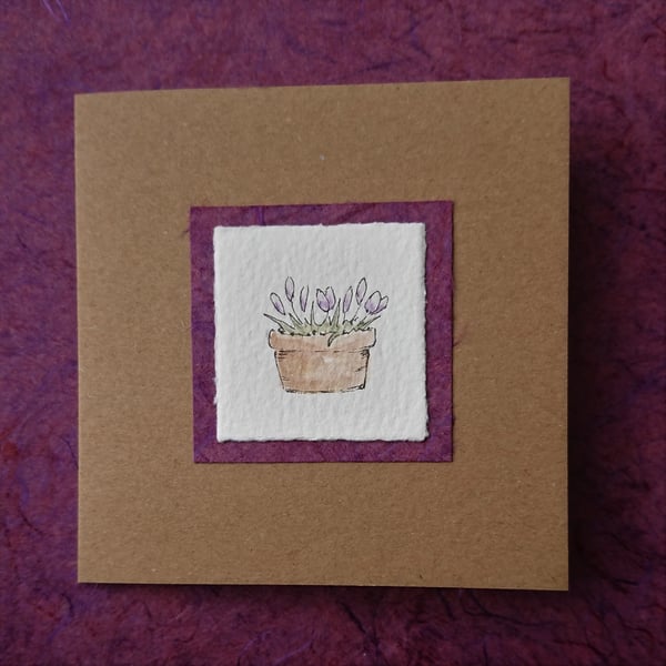 Card - Crocus flowers - Original drawing - Recycled - Free gift tag! 
