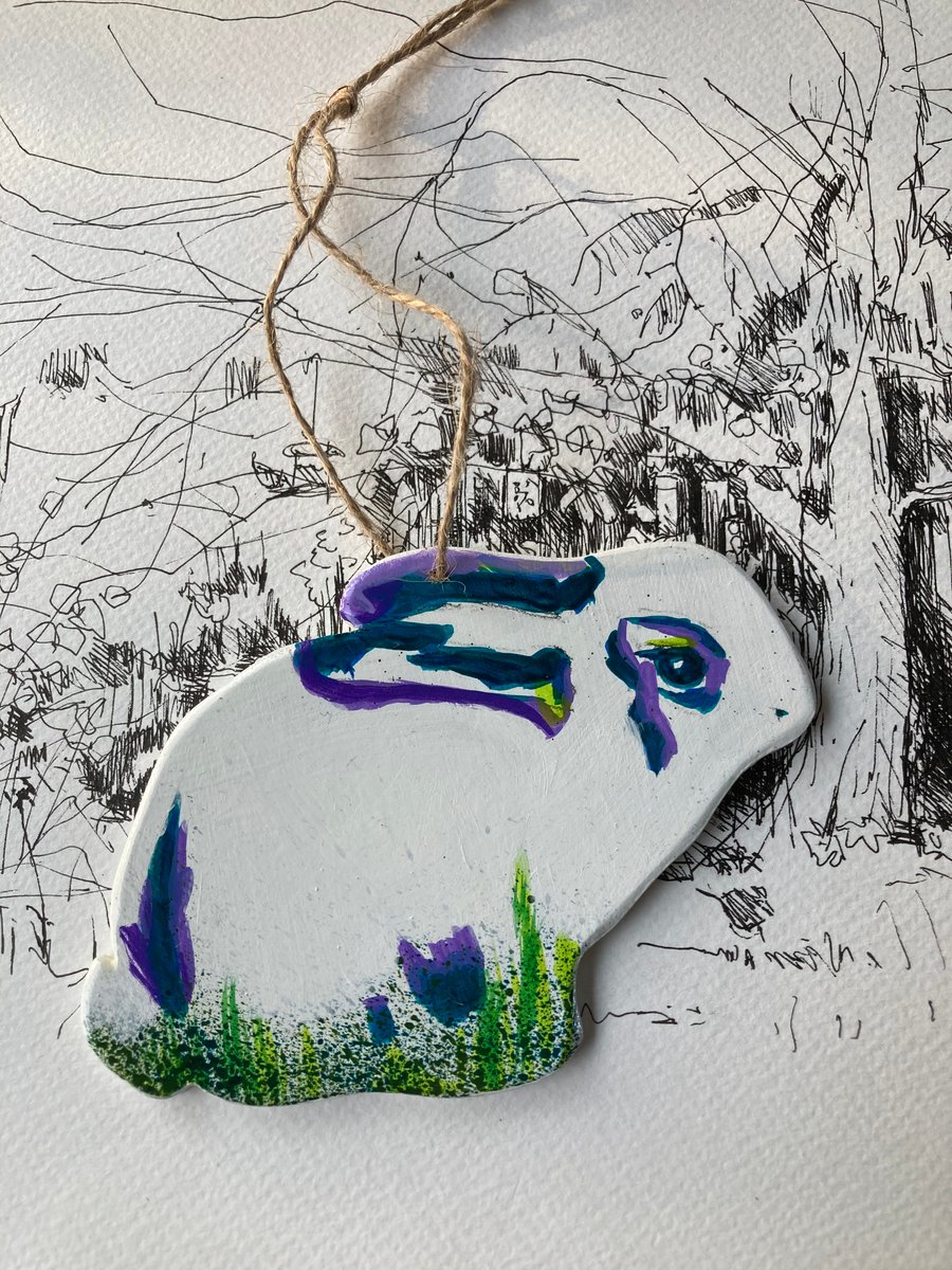 Bunny rabbit decoration, hand painted hanging wooden rabbit