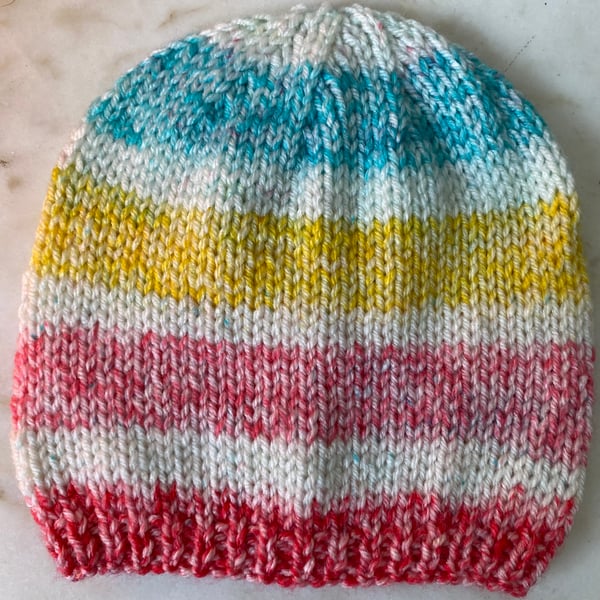 Striped baby beanie, hand knitted. 0-3 months