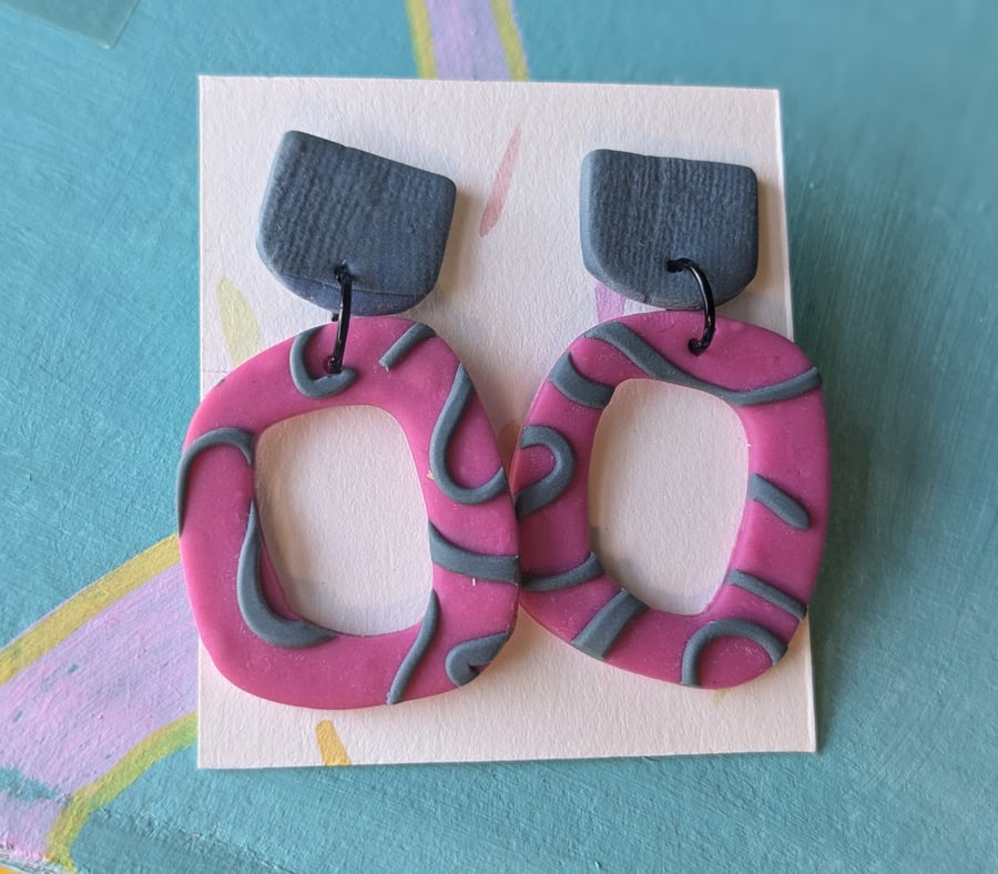 Statement dangly earrings, navy and pink, polymer clay earring