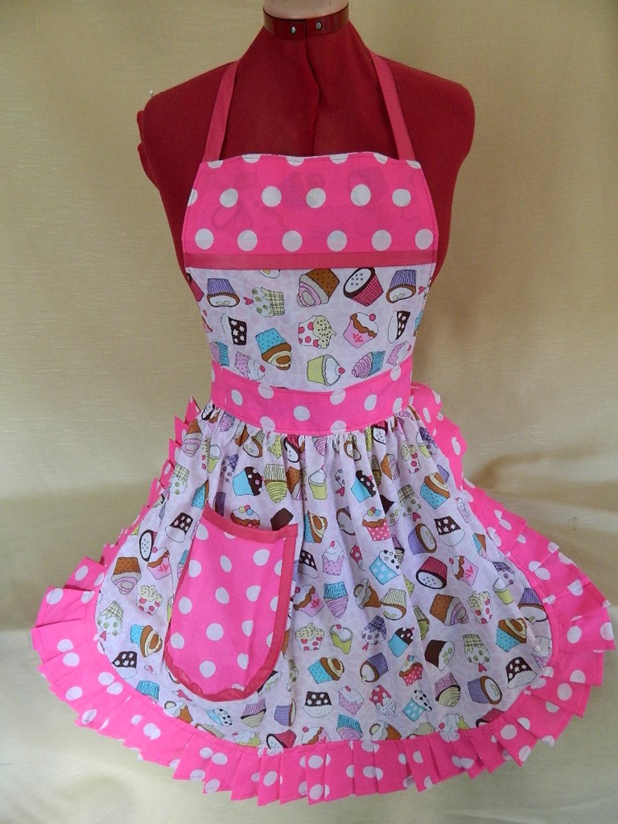 Vintage 50s Style Full Apron Pinny - Bright Pink - Cupcake