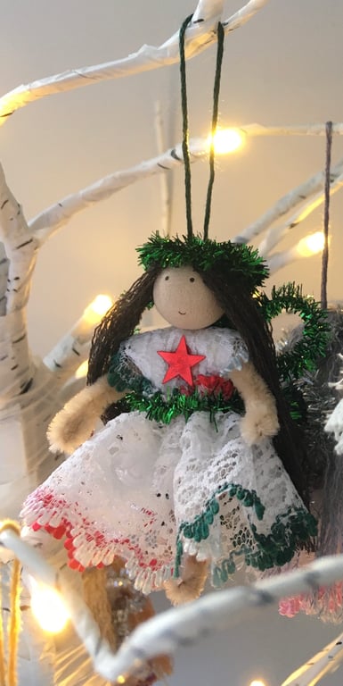 Tiny  Red And Green Fairy Christmas Tree Decoration