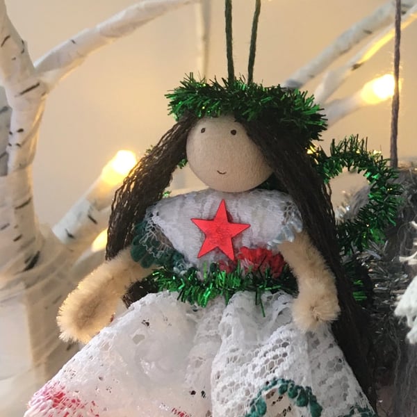 Tiny  Red And Green Fairy Christmas Tree Decoration