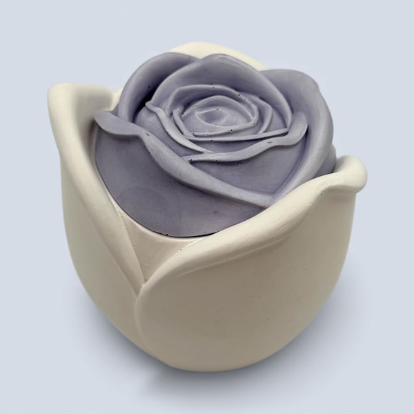 White trinket pot with blackcurrant rose lid - handmade jewellery box