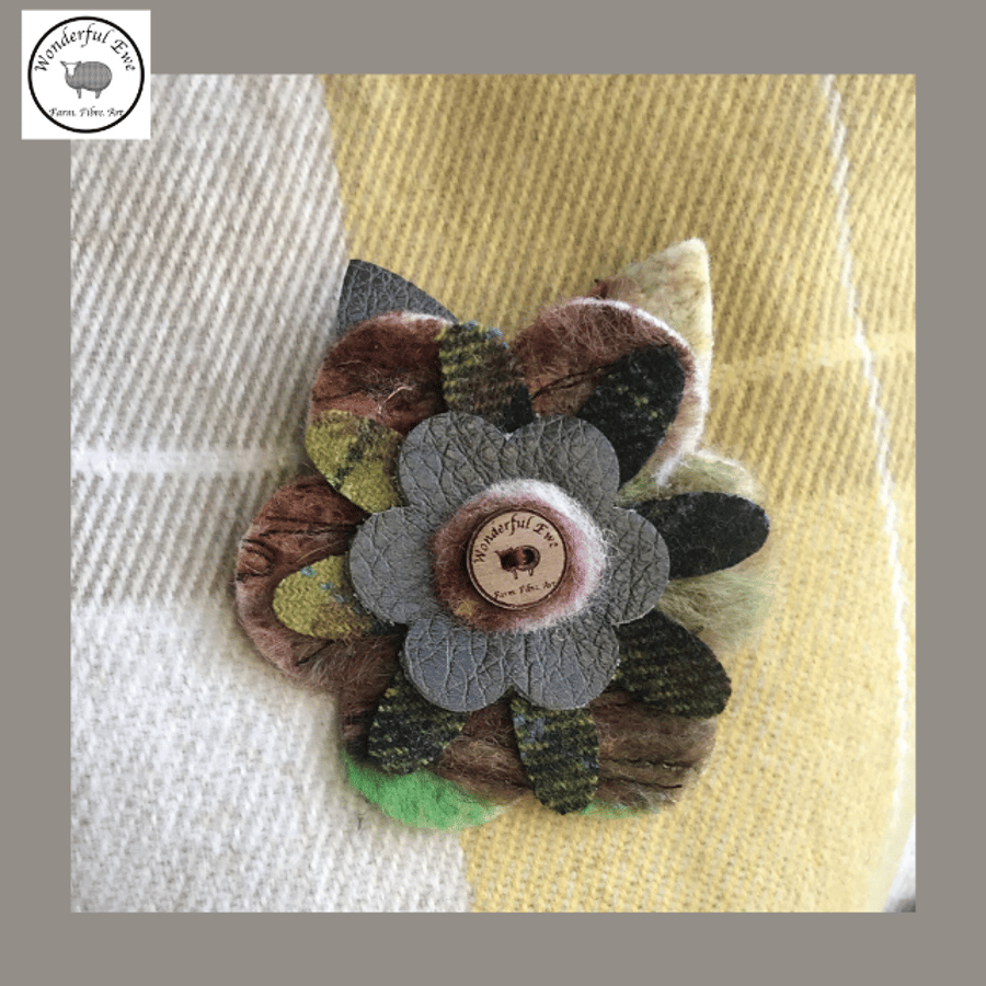 Flower brooch grey brown and green floral flower textile fabric brooch accessory