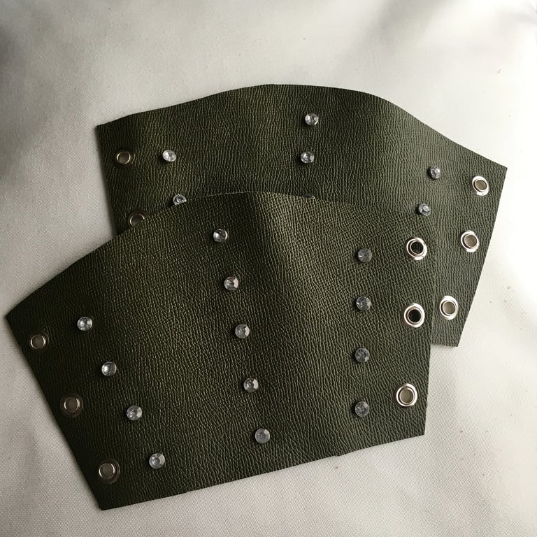 Small Pair:  Military Green Leather Bracers with 3 rows of Clear Gems FREE SHIP