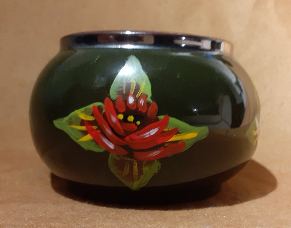 Upcycled green ceramic bowl handpainted with canal art style roses