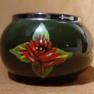 Upcycled green ceramic bowl handpainted with canal art style roses