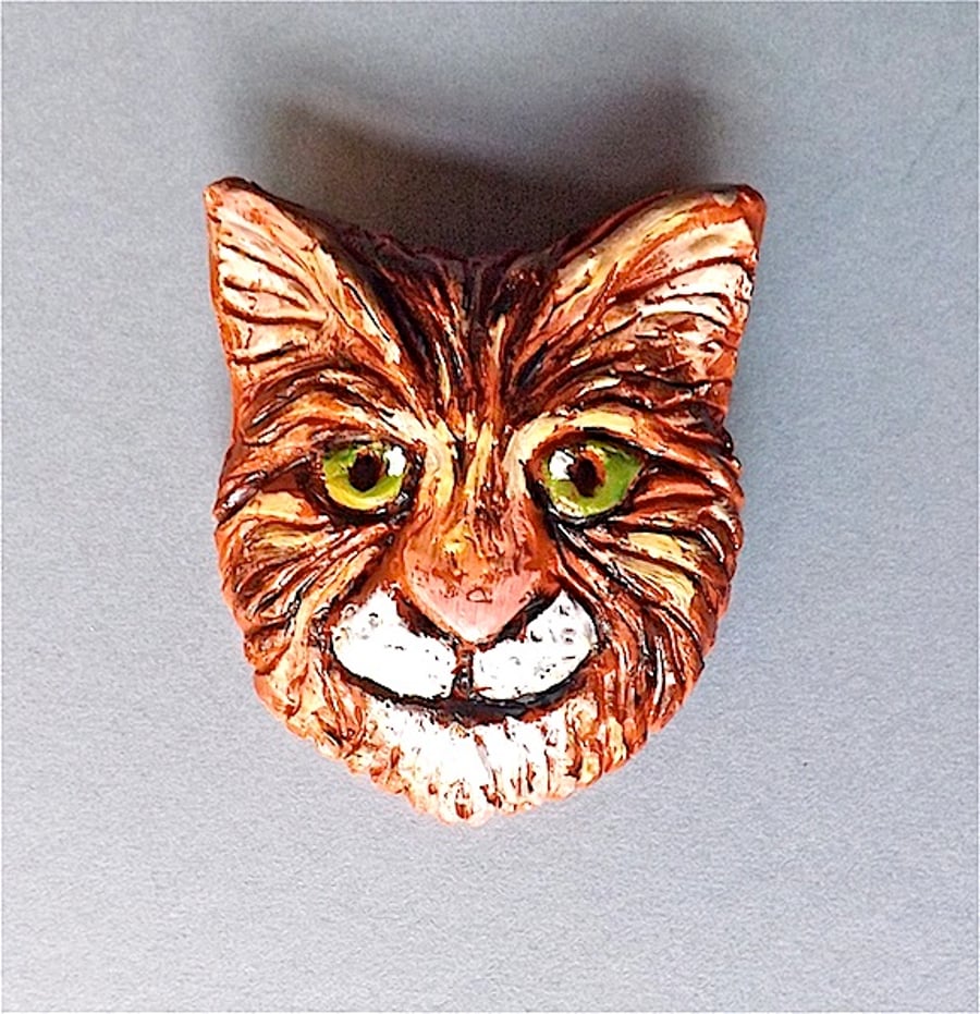 Cat brooch, badge, quirky tabby, original in hand sculptured polymer clay.