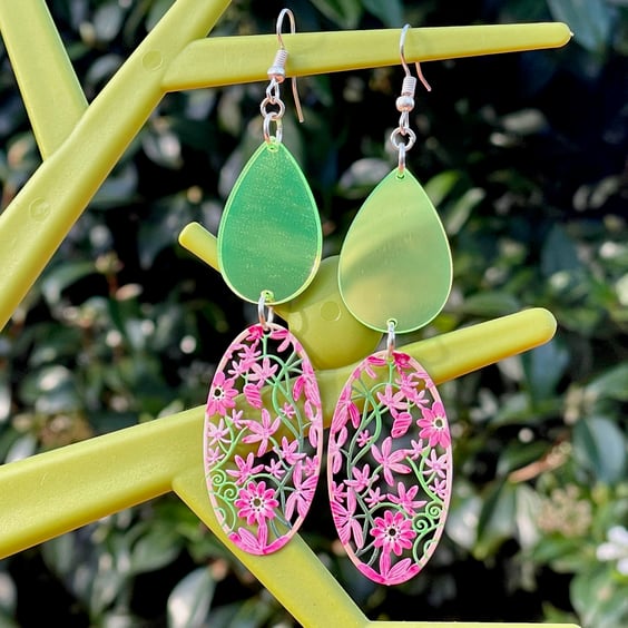 MIRROR NEON EARRINGS cyber green Teardrop resin floral filigree cool gift for he