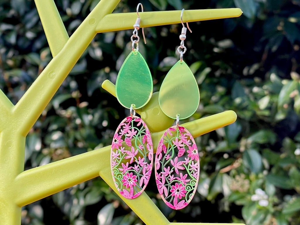 MIRROR NEON EARRINGS cyber green Teardrop resin floral filigree cool gift for he
