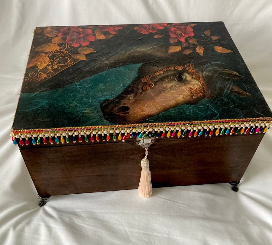 Vintage Horse Head Large Wooden Storage Box Bohemian Handcrafted Artsy Keepsake