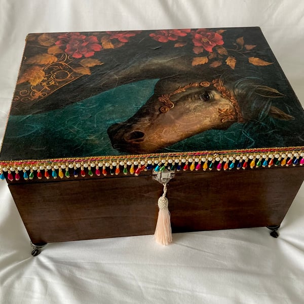 Vintage Horse Head Large Wooden Storage Box Bohemian Handcrafted Artsy Keepsake