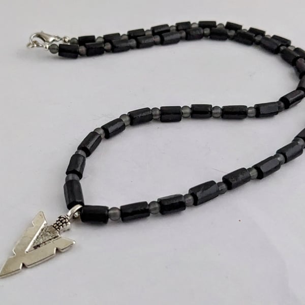 Black wooden bead necklace with arrowhead pendant - 1002726