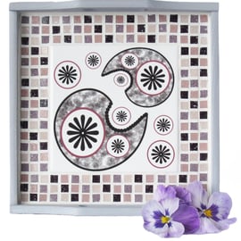 Paisley Pattern Tile and Mosaic Grey Wooden Tray in in Pink and Mauve Tones