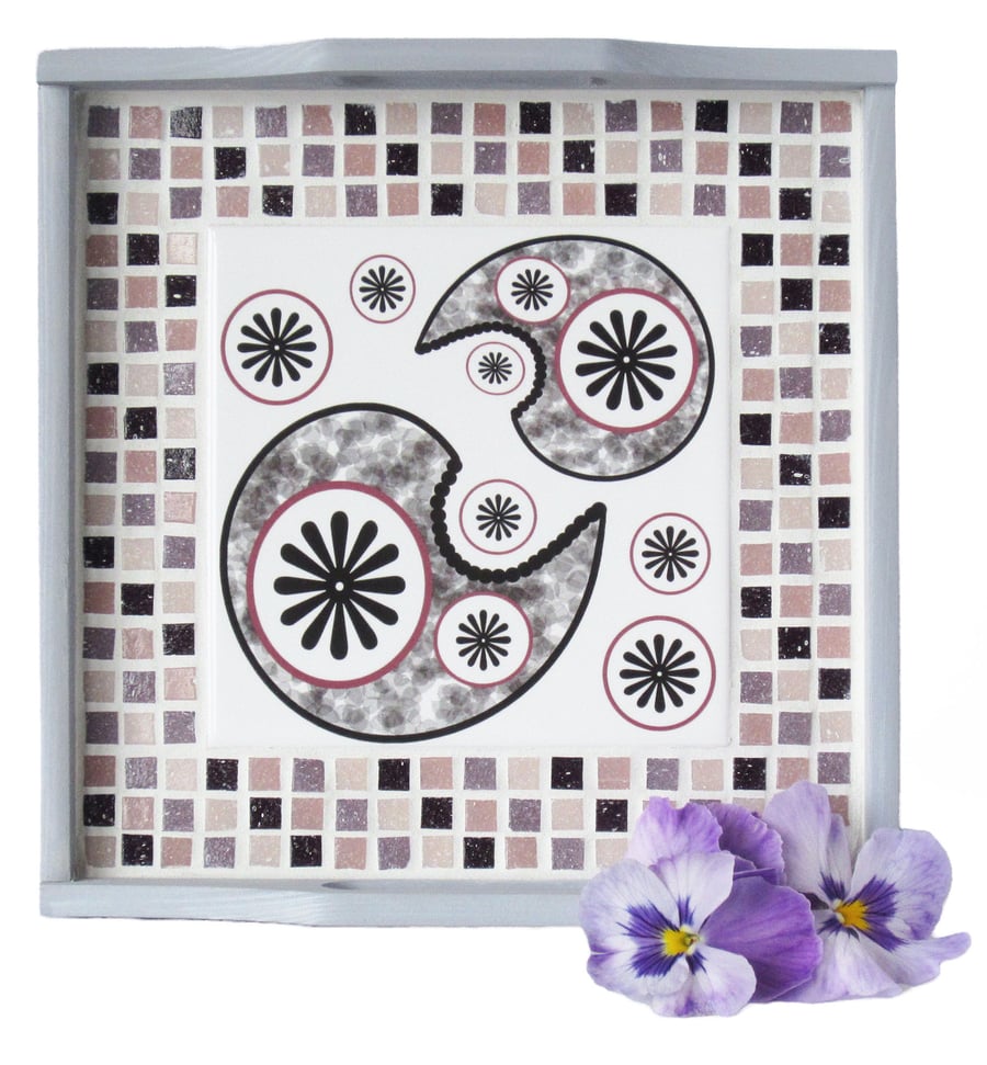 Paisley Pattern Tile and Mosaic Grey Wooden Tray in in Pink and Mauve Tones