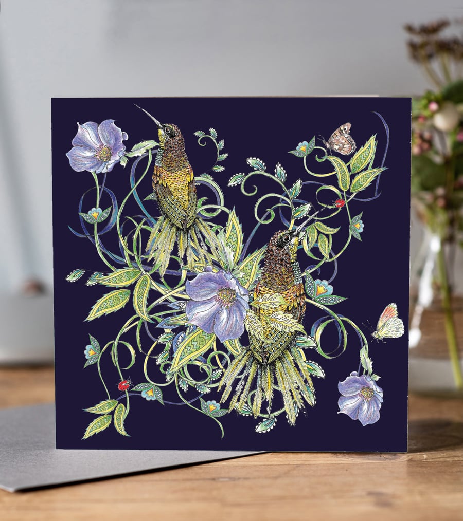 Bird and Flowers Dark Greeting card 