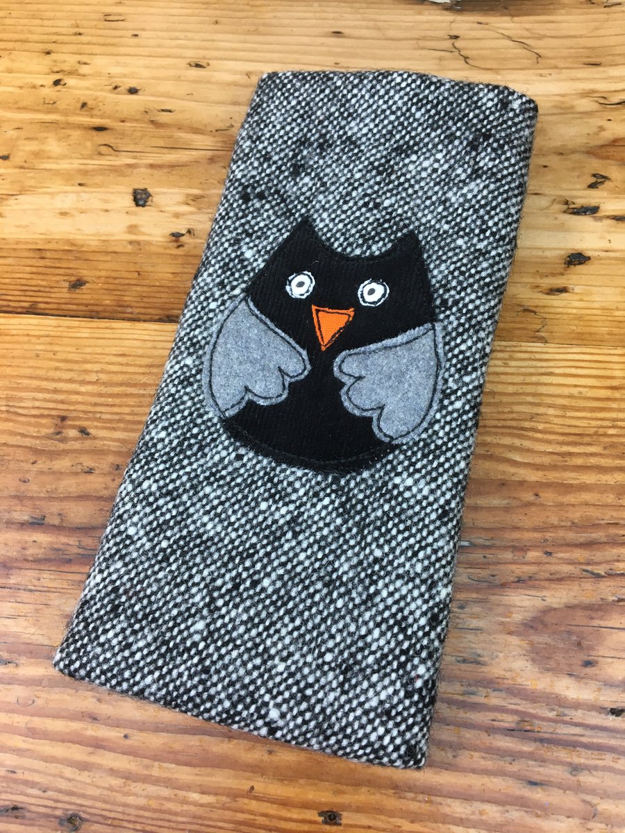 Owl Glasses case, book lover gift, Tweed wool fabric glasses sleeve