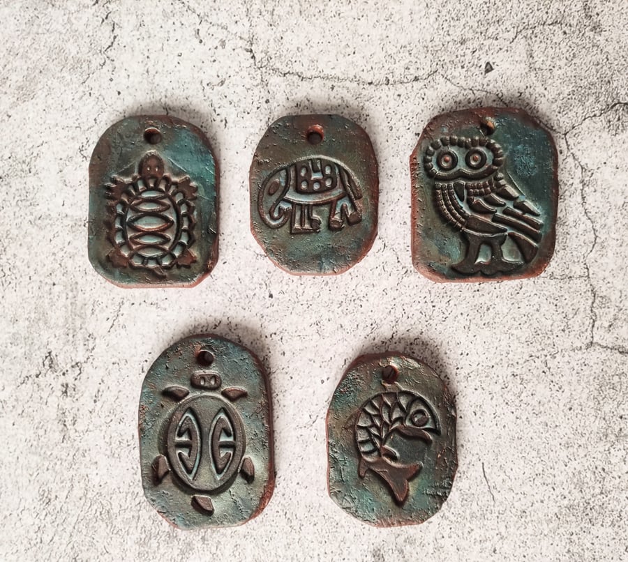 Handmade Animal Totem Clay Pendants, Fish, Owl, Turtle, Elephant, Keyring Charms