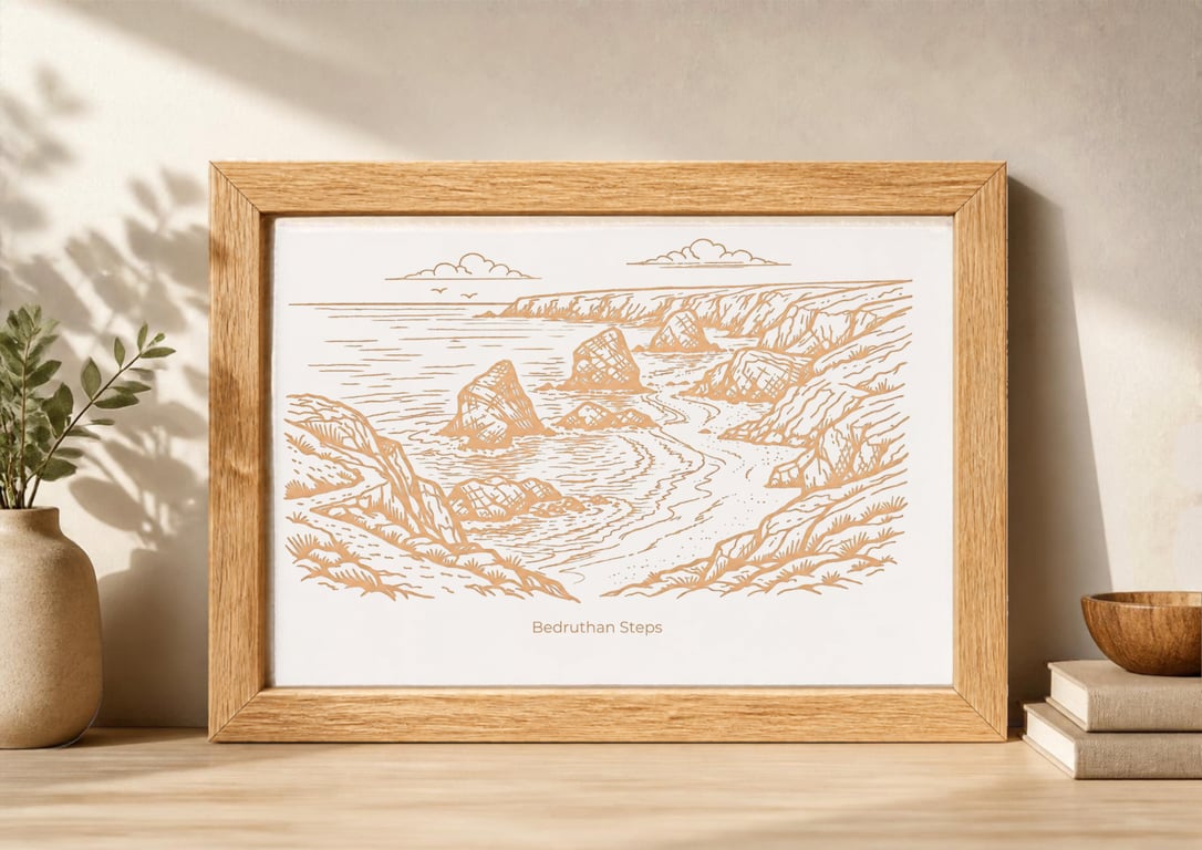 Laser engraved Bedruthan Steps Cornwall