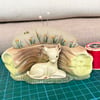 Vintage Hornsea deer pincushion embroidered flowers and bee