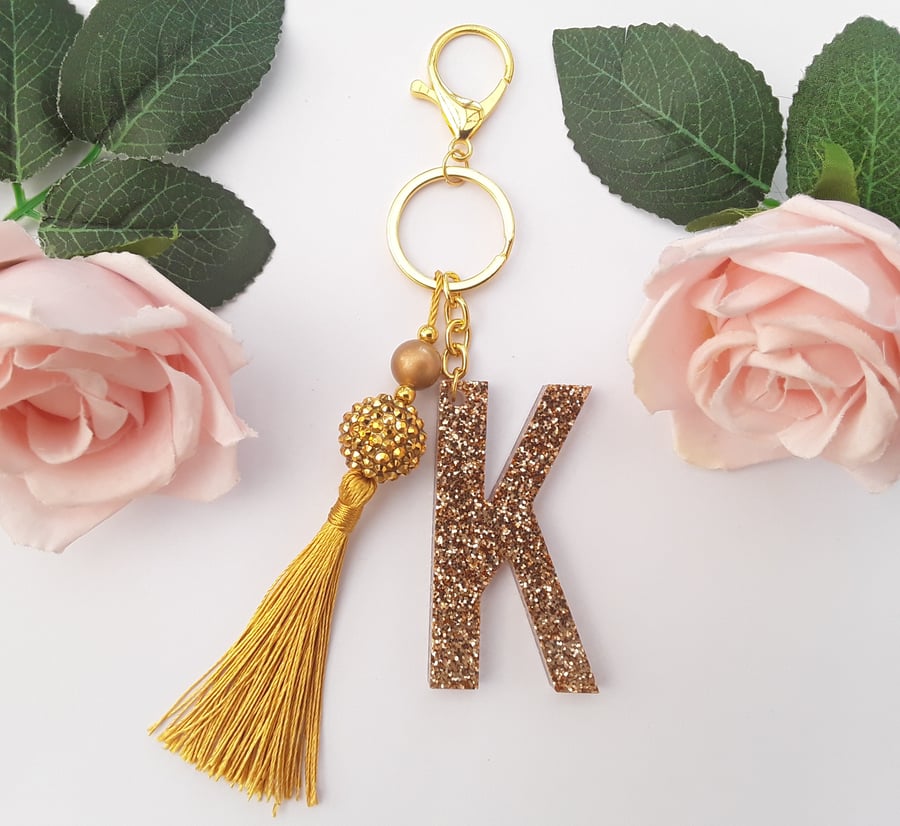 Resin glitter initial keyring,,beaded initial,tassel keyring,tassel bag charm