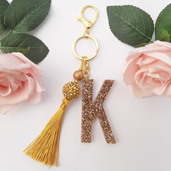 Resin glitter initial keyring,,beaded initial,tassel keyring,tassel bag charm