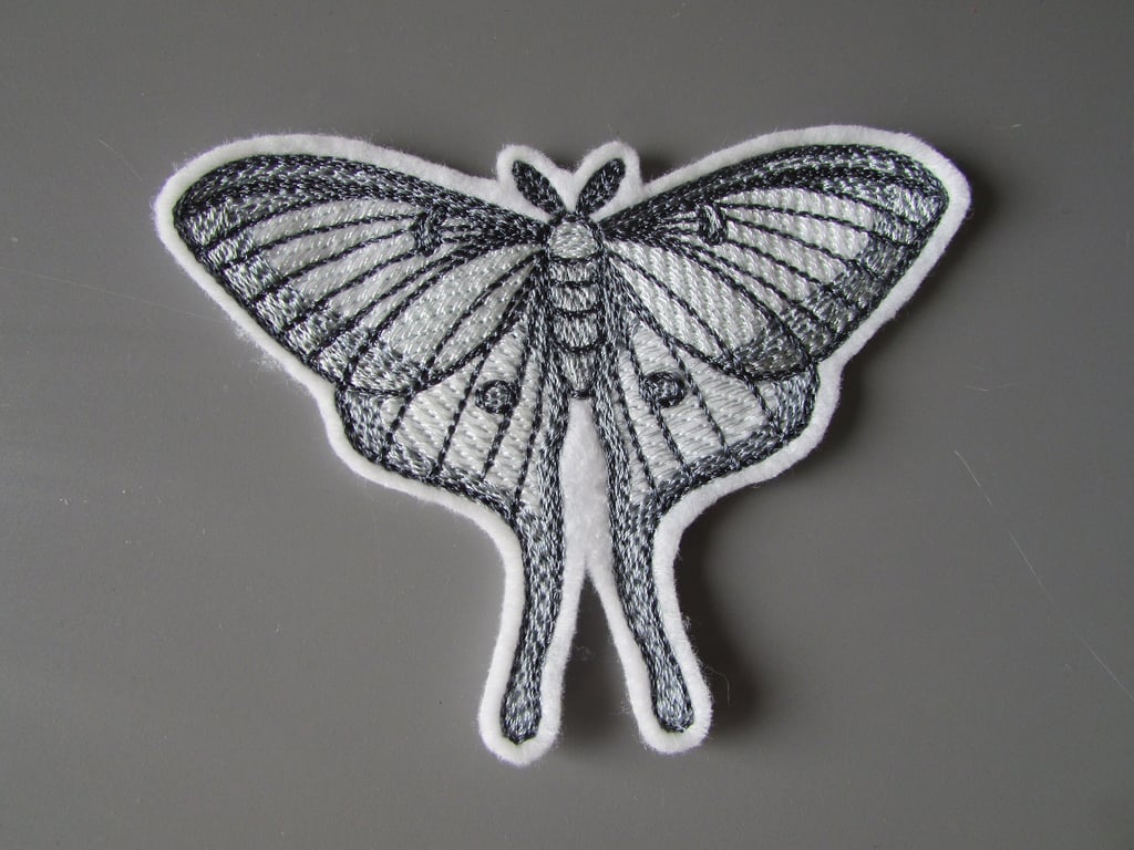 Ghostly Luna Moth Embroidered Sew on Applique Patch