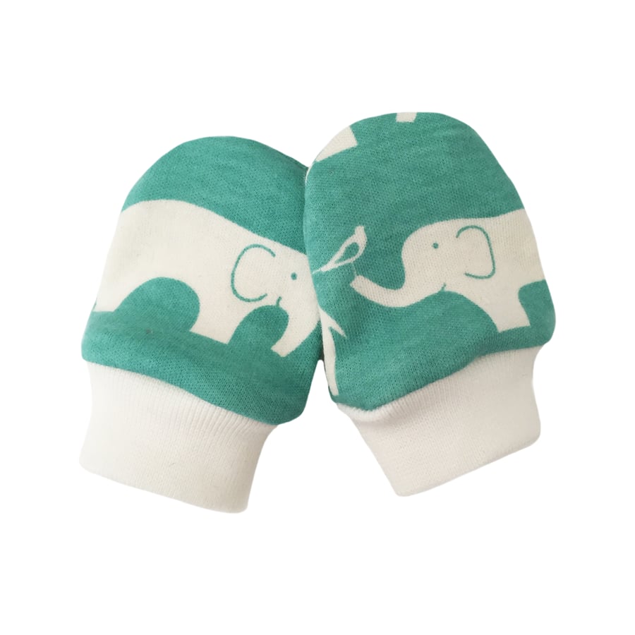 ORGANIC Baby SCRATCH MITTENS in POOL GREEN ELLIE ELEPHANTS  A New Baby Gift Idea