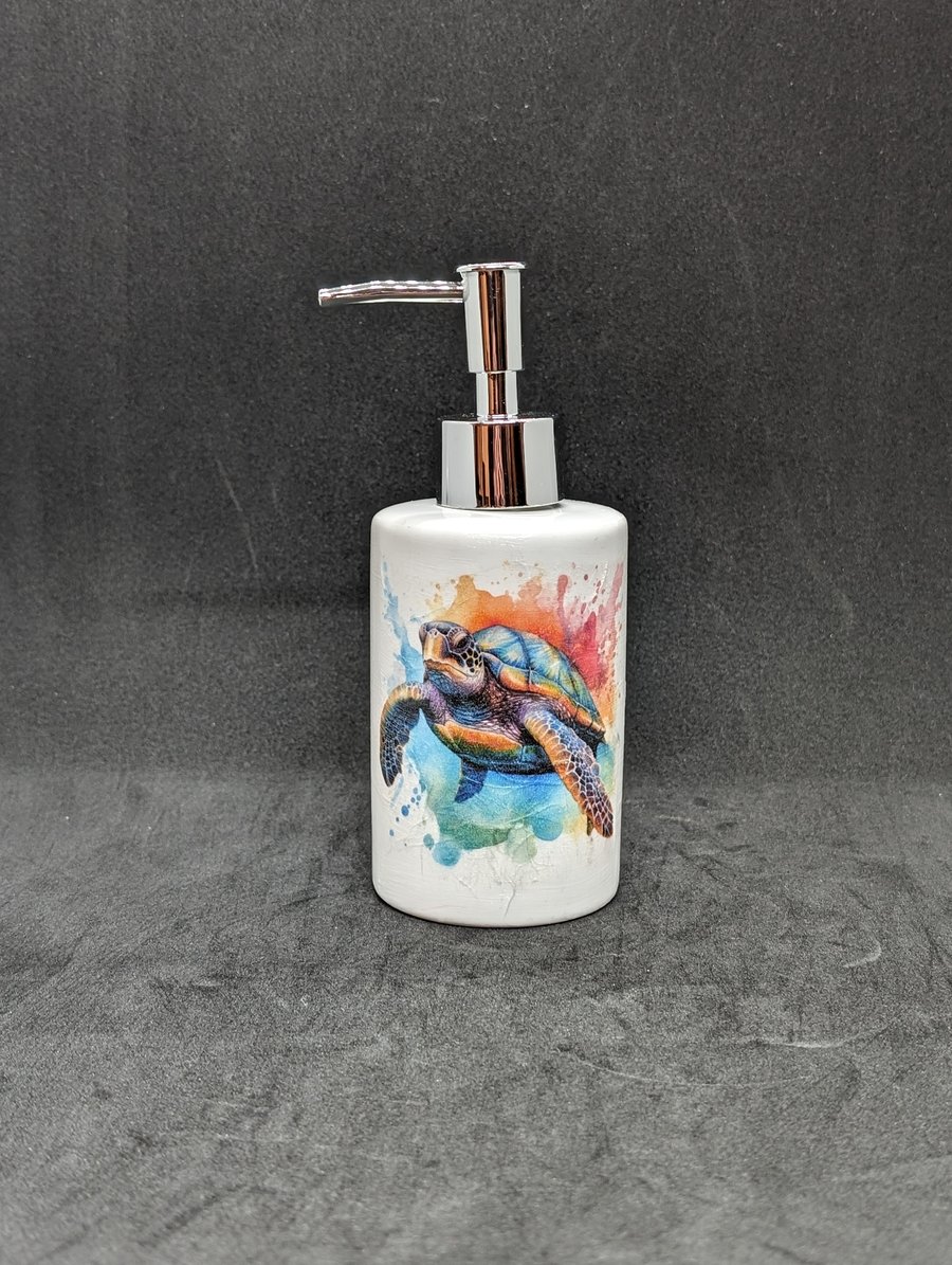 Decoupage ceramic soap dispenser holder with images of a Sea Turtle