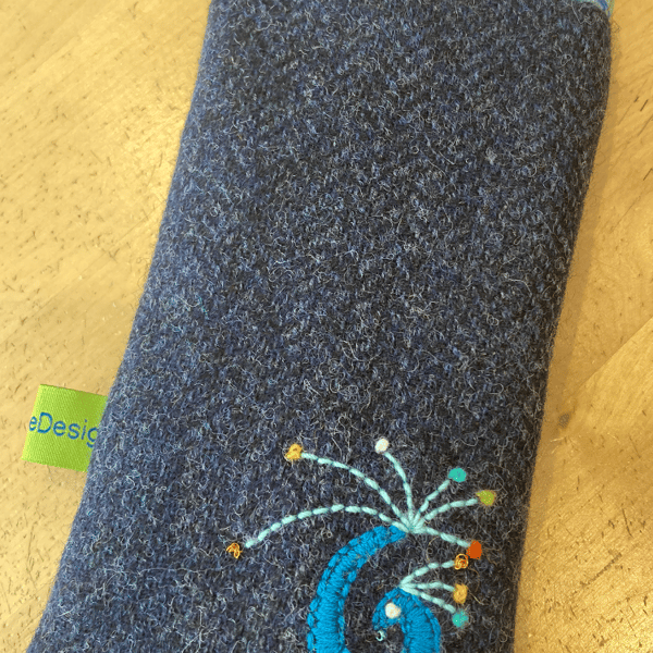 Navy wool phone case with peacock embroidery